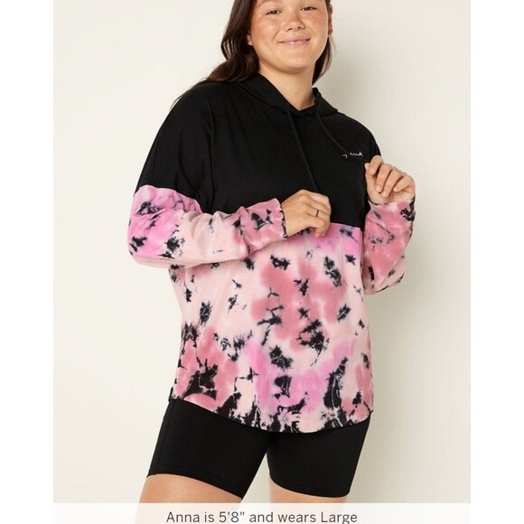 VS PINK VARSITY PULLOVER TEE HOODIE MISTY ROSE TIE DYE - Picture 2 of 6